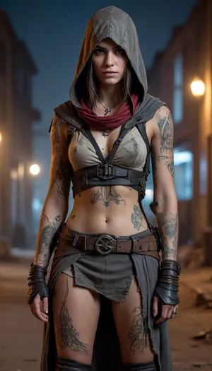 Beautiful tattooed 18 years old girl in full body Dressed in the Assassin's Creed style in a post-apocalyptic world Under the cover of night