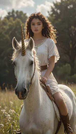 20 years old, 1girl curly wearing short white tunic riding brown unicorn horse, cloud, grass, <lora:lora-sdxl-perfect-eyes:.5>, <lora:TQ_-_Beauty_and_Unicorn_XL-000006:.5>