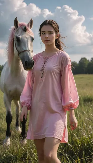 20 years old, 1girl wearing pink tunic with black unicorn horse, cloud, grass, <lora:lora-sdxl-perfect-eyes:.5>, <lora:TQ_-_Beauty_and_Unicorn_XL-000006:.5>