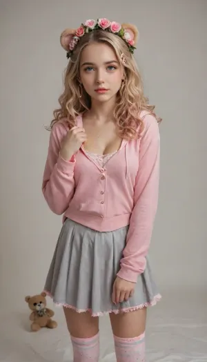 (cosplay luna lovegood with blonde wavy hair), (wearing teddy bear-themed hoodie, inspired by her unique and quirky style from the harry potter series.), (the hoodie should be a soft pastel pink, featuring a teddy bear face on the hood with bear ears. pair it with a light grey a-line skirt with subtle pleats or lace trim. include mismatched socks, with at least one pair being pastel pink. add quirky accessories such as pink radish-shaped earrings with whimsical elements. for footwear, choose comfortable pink canvas shoes. incorporate a pink and grey scarf or shawl. finally, add pink hair accessories like pink hair clips or a handmade pink flower crown. this outfit should reflect luna’s free-spirited and whimsical personality while maintaining her distinctive and magical style, cleavage)