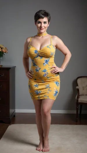 (whole body), full body, plain dark background, (clothed), sultry look, voluptuous shorter woman. Happy and pleased. huge tits straining against fabric. A caring loving smiling motherly 25 year old milf posing with curved hips, Walking toward viewer. Caring face. Wearing her tight_yellow_floral_dress, high-neck boobtube dress, perfect massive round natural breasts, gigantic tits, large erect nipples, very wide hips, clothed, 25-years old, messy brunette, (striking blue eyes), full length, (((kind))), (((thoughtful))), (((short pixie hair))), (((clear eyes))), (((symmetrical face))), milf, mature, mommy, wife, Mom, (((pretty))), looking into camera, mischevious smile while blushing, laughing, angry, hourglass