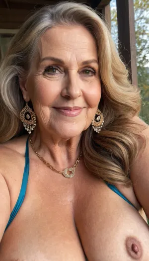 old granny mature, sexy 65 years old granny, dark blonde hair, long hair, glamour, big hoop earrings, necklace, big eyes, wide shoulders, thick body, very chubby bbw, very tall, tiny small saggy tits, looking at the camera, very cute smile face, masturbation, long sleeve lingerie, charming, very hot and horny, seduction horny, selfie, outside