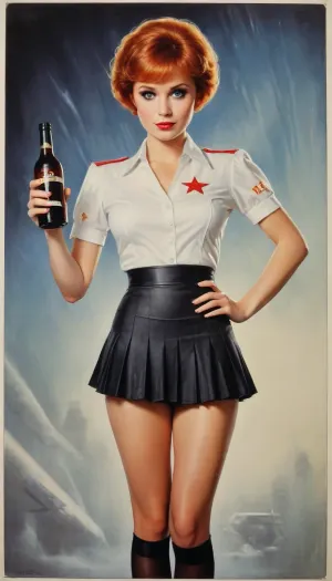 First-person photo, Instagram model's face, beauty, beautiful body, (((beauty holds a bottle of port vine in her hand, port vine bottle))), luxury body, (((tight Soviet stewardess uniform of the 80s, symbols of the USSR))), (((old Soviet advertising poster, joke 1980-x years))), (((Pin it.black and white. 1980s movie poster, light background))), (((ginger pixie-cut hair:1.6))), (((very beautiful woman))), (((pleated skirt))), ((tight Russian stewardess uniform)), stockings, thick red lips, Photography, photorealism, beautiful waitress, tall, with a perfect figure, short hair, charming breasts, through clothes you can see protruding nipples, knee-high boots, perfect high legs, charming eyes, sad but graceful face, dark background, fantasy art reflecting the style of Aaron Horkey, Jeremy Mann and Luis Royo, body-focused composition from a low angle, alluring figure, gloomy fantasy, dynamic composition, black and white photo 1980s, red lipstick, warm shades, acrylic calligraphy, watercolor techniques organically combined into a masterpiece of maximalism, made using gouache, golden hour light, hyperrealism, overdetailed images, 64k, ultraHDR, Movie, poster, page, suspenders, <lora:Movie Poster:1>, <lora:skirtlift_xl:.1>
