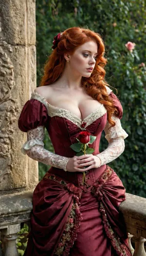 Ultra high definition, ultra high resolution, photorealistic, 8k resolution, full body photograph of very busty seductive 20 year old redheaded vixen holding a rose in Victorian dress standing on a stone balcony, (looking down at a man in Victorian clothing.)