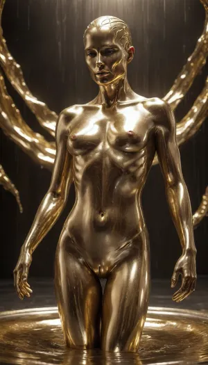 "A human figure partially enveloped in flowing liquid metal, resembling molten gold or mercury. The metallic surface reflects light dynamically, creating a surreal and futuristic aesthetic. The metal seamlessly merges with the skin, forming intricate patterns and organic shapes. Dramatic cinematic lighting, ultra-detailed, hyper-realistic, smooth reflections, futuristic and artistic composition."