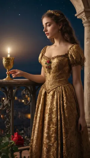 photorealistic image, 8K quality, A young beautiful girl, 18 years old, a noble Venetian, 15th century, luxurious dress, stands on a balcony, with a golden goblet in her hands, the balcony is covered with roses, looks at the full moon, on the floor lies a small bottle with the inscription "poison" whole body in the frame, side view