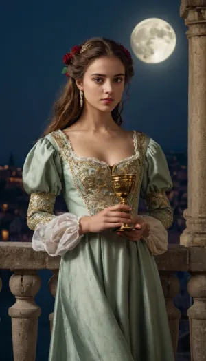 photorealistic image, 8K quality, A young beautiful girl, 18 years old, a noble Venetian, 15th century, luxurious dress, stands on a balcony, with a golden goblet in her hands, the balcony is covered with roses, looks at the full moon, on the floor lies a small bottle with the inscription "poison" whole body in the frame, side view