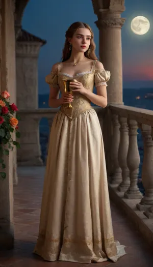 photorealistic image, 8K quality, A young beautiful girl, 18 years old, a noble Venetian, 15th century, luxurious dress, stands on a balcony, with a golden goblet in her hands, the balcony is covered with roses, looks at the full moon, on the floor lies a small bottle with the inscription "poison" whole body in the frame, side view