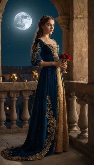 photorealistic image, 8K quality, A young beautiful girl, 18 years old, a noble Venetian, 15th century, luxurious dress, stands on a balcony, with a golden goblet in her hands, the balcony is covered with roses, looks at the full moon, on the floor lies a small bottle with the inscription "poison" whole body in the frame, side view
