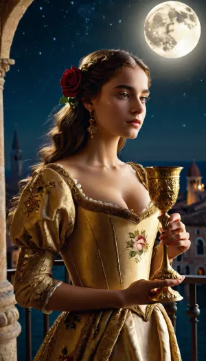 photorealistic image, 8K quality, A young beautiful girl, 18 years old, a noble Venetian, 15th century, luxurious dress, stands on a balcony, with a golden goblet in her hands, the balcony is covered with roses, looks at the full moon, on the floor lies a small bottle with the inscription "poison" whole body in the frame, side view