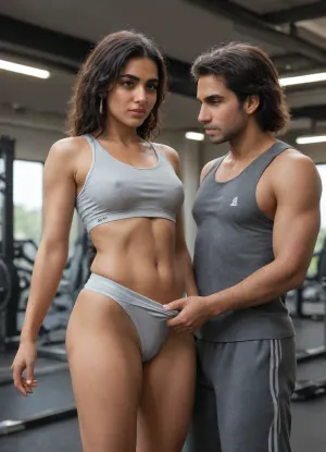 (1 male, 1 female), married, (Indian:1.6), babe, Riya, and Hispanic fitness instructor, José, getting up close and personal under during intense personal training session, off peak gym time.
Riya, 20s, pretty, tight gym outfit, big tits, camel toe, sweating. Fitness centre, after hours. High quality, ultraHD.