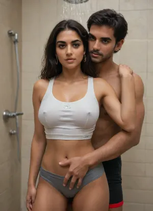 (1 male, 1 female), married, (Indian:1.6), housewife, Riya, and Hispanic fitness instructor, José, showering together at gym after intense training session, off peak gym time.
Riya, 20s, pretty, babe, tight gym outfit, big tits, camel toe, sweating, giggling. Fitness centre, after hours. High quality, ultraHD.