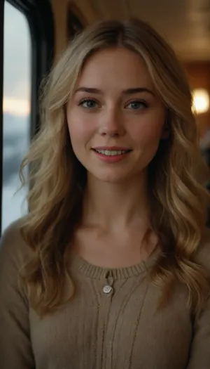 (large format photograph), of a solo, (beautiful, Norwegian:1.4), (woman), in her, (mid-20s), (messy long wavy hair, blonde hair with dark roots), (pale skin with, (subtle freckles:.5)), (strong wide jaw, defined jawline), wearing a comfortable pullover sweater, sitting, (solo), in a, (luxury train), with a view of, (scenic snowy mountain sunset), out the large window dominating the frame background, upper body, shot during the golden hour, soft diffused lighting, (eye level:1.4), (contended smile), highly detailed skin, subsurface scattering, 8k, uhd, ultra high quality, dslr, soft lighting, (shot on Pentax 645Z, Kodak Vision3 IMAX, dreamy haze, (in style of Oleg Oprisco:1.4)), ((submissive)), ((lovely)), (((in very sexual intimate erotic pose))), wild hair, full body, ((very much want have sex)), ((high detailed pores on skin)), well-build body, medium tits, small lips, lots of freckles face and skin, blush on the checks and nose, (raised nasal tip, upturned button nose, upturned nose, delicate nose, nose), hypnotized loving grey eyes, brown wild wet hair with sidelocks, very sexy smile, <lora:more_details:.5>, <lora:polyhedron_all_eyes:.25>, <lora:polyhedron_new_skin_v1.1:.1>, <lora:mm_sd15_v2_lora_PanRight:.3>