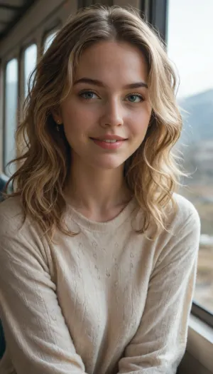 (large format photograph), of a solo, (beautiful, Norwegian:1.4), (woman), in her, (mid-20s), (messy long wavy hair, blonde hair with dark roots), (pale skin with, (subtle freckles:.5)), (strong wide jaw, defined jawline), wearing a comfortable pullover sweater, sitting, (solo), in a, (luxury train), with a view of, (scenic snowy mountain sunset), out the large window dominating the frame background, upper body, shot during the golden hour, soft diffused lighting, (eye level:1.4), (contended smile), highly detailed skin, subsurface scattering, 8k, uhd, ultra high quality, dslr, soft lighting, (shot on Pentax 645Z, Kodak Vision3 IMAX, dreamy haze, (in style of Oleg Oprisco:1.4)), <lora:more_details:.5>, <lora:polyhedron_all_eyes:.25>, <lora:polyhedron_new_skin_v1.1:.1>, <lora:mm_sd15_v2_lora_PanRight:.3>