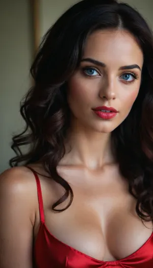 woman, Close up, Portrait, beautiful black haired french instagram model, 25 years old, happy, perfect, slim e body. black satin bra, c cup breasts, (long bright red wavy hair), hair half up half down, perfect face, eye contact, perfect eyes, gorgeous, sexy, sensual, seductive blue eyes, seductive look