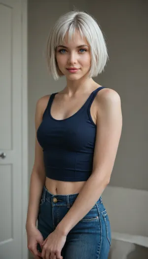 bright white hair, (bob cut:1.4), a sweet smile, sexy 19yo in tight blue jeans and dark blue tanktop, stands infront of you, uneasy apprehension