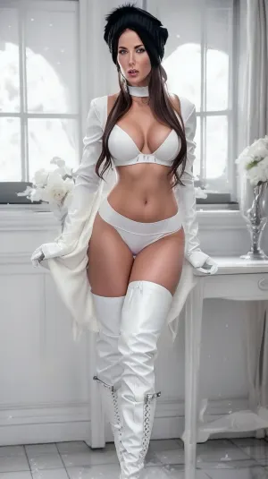 young woman, tight white shirt, cleavage, belly button showing, midriff showing, perfect winter snow photo, ((perfect snow)), long messy hair, perfect face and body, broad hips, abs, seductive smile, detailed nipples, long fingernails, cameltoe, (Take a cold shower), wetness, clingy Nike white leggings, Nike padding, white Nike tuque, white long high heels boots, gloves, deep photos, depth of field, ferrania p30 film, shadows, harsh and dim lighting, grainy camera flash, rain, full details, sexy pose, flirty pose, pl3as3rplatf0rmb00ts, thigh, boots, stiletto, heels, belt, <lora:AlexaTho:.5>, <lora:pl3as3rplatf0rmb00ts:.5>