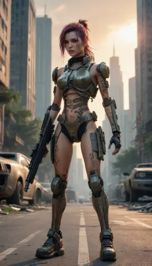 photorealistic image, 8K quality, a post-apocalyptic world, sunset an abandoned city, half-destroyed skyscrapers very overgrown with vegetation, rusted carcasses cars, mutated animals roam the streets, a punk-girl in provocative sexy clothes walks along the road, next to her is a combat robot, (HK series), with a machine gun in his hands, very whole body in the frame, front view