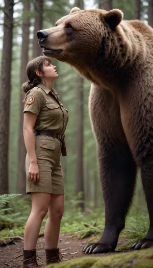 photorealistic image, 8K quality, big chested woman Scout Leader Meets Grizzly Bear in Forest and suck him dick, very whole body in the frame, side view