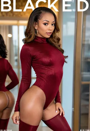 A fitness instagram model from Russia 25yo and a 30yo african-american dark ebony naked male with oiled body pornstar with big flaccid penis. She has a toned physique with well-defined curves, including a large bust., (She wears a shimmering bordeaux velvet unitard:1.3), She wears earrings, necklaces and has a pierced belly. Scene is a BLACKED porn model casting surrounded by an environment that emphasizes BLACKED as banners, booths, and black guys at background., high-quality, photorealistic style., blkd-outfit, bra, panties, thong, blacked, cover, blackedwear, ass, breasts, <lora:BLACKED_girls:.9>