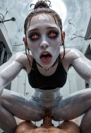 (20 yo woman), (sexy goth demon), (ghostly skin:1.6), (pov squatting cowgirl vaginal sex), (yandere face), (hard thick cock, ultra large cock), (view from below, bending forward:1.4), (face focus, close face:1.2), (brown hair, tied ponytail, very Large forehead:1.1), (white pale skin, Skinny, Anorexia, Visible limbs), (Hairy pussy, Hairy Armpits, Hairy Butthole), (Sweaty body, Sweating), (stinky feet, strong smell), (fog from sweating, lots of fog, lots of smoke)