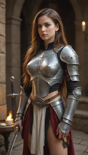 an young beautiful tall slim human femal warrior from world of worcraft is standing in ironforge, wearing full armor, holding a long sword with rune, breast plate armor, leg plate armor, cheast plate armor, big shoulder plate armor, less light, an fire is burning wood, very detailed 8k picture, white swedish woman, perfect very long hair, ((long hair:1.5)), European woman, <lora:LittleCaprice_SDXL_v1.0:1>