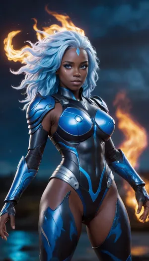 head to toe image of an ebony darkskin android girl black and blue metallic full body armor with very extremly long curly white and blue hair waving in the wind, 1 hand raised and lightning from that hand going up, seen from the 3/4 side, luminescent bright purple eyes, (((bright blue fire and flames background))), (((at night))), <lora:220437_training_data:.5>, <lora:Venus_Body_Alpha:.5>