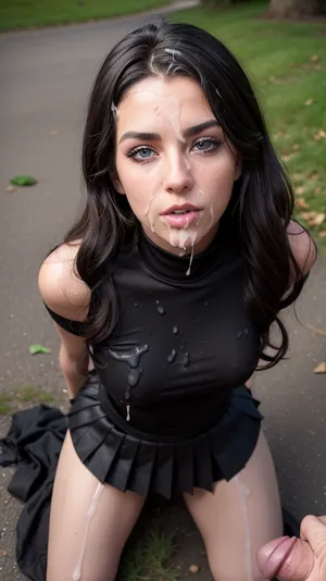 ((25 yo romanian instagram model on her knees in the park)), euro WOMAN, dark hair, beautiful face, big load OF CUM on face, deep perspective, ((skinny face)), ((long messy wavy tousled after sex hair frames her face)), tousled hair, blue eyes, skinny, perfect body, pov, looking up at viewer, eye contact, (detailed face:1.3), ((wearing a sexy high neck black satin t-shirt)), orgasm expression, messy updo, ((black satin pleated skirt covered in cum), woman, facial, cum, on, breasts, stomach, covered, in, perfect), woman, logo, text, sign, that, says, the, word, stomach, perfect, bukkake, cum, facial, mouth, full, of, amateur, flash, photo, dark, background, on, face, body, clothes, swapping, man, gay, excessive, covered, in, ejaculation, projectile, breasts, back, ass, pussy, shoes, cupping, hands, cumdrip, after, sex, vaginal, <lora:bukkake_v0.4:.5>, <lora:cum_b1:.5>, <lora:facialized:.5>