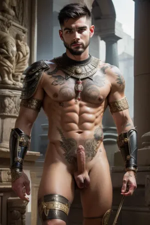 25 years old men is standing naked, in the armor of a Roman praetorian, erected penis, tattoos, <lora:BetterCocks:.5>