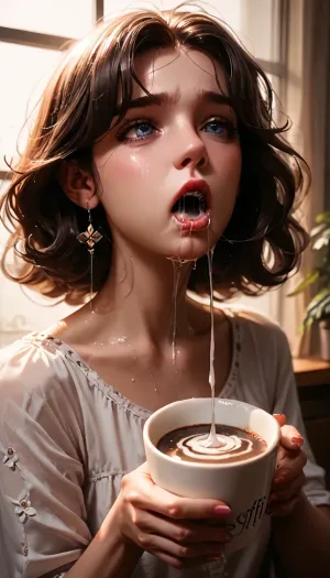 a girl holds a coffee in her hands and spits into a glass, saliva, (((spit cum into the coffee)))