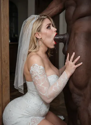 interracial, dark coridor, window, night, blonde hair, tall, beautiful 4k chubby russian in wedding dress with veil, perfect face details, jewelry, kneeling, huge black brute, monster brute, standing, black man fucking her mouth, massive cock fucking, rough sex, blowjob, scared, sweaty, midnight illuminate, models face and body, creating dramatic chiaroscuro effects, sexual intercourse with black thug, red lipstick, fat lips, open mouth, doorway sex, aggressive, side view, bbcdeepthroat, <lora:BBCDeepthroat:.5>