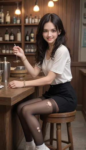 Malay, Girl, 18 years old, black hair, long hair, curly hair, slim, a gritty, atmospheric bar with dim lighting, wooden walls, and a cozy, slightly worn-down vibe. In the back corner, a pretty young girl sits on a stool by a small, round table. Her malay style is bold and striking, she wears a black see through top, paired with a black tartan miniskirt and sneakers. Around her neck is a gold choker, and her wrists are adorned with gold bracelets, adding a touch of rebellious flair. Her black hair is long and styled in a curly. She smiles mischievously at the viewer, her lips curled in a playful, knowing grin, as she beckons them over with a subtle gesture of her hand. On the table in front of her sits a half-empty sushi platte. The background is filled with the lively hum of the bar—patrons chatting, a dartboard on the wall, and a faint glimpse of a bartender pouring drinks. The overall mood is edgy, playful, and full of character, with a touch of danger and allure.

Full view, full-view.

Hyper-realistic, cinematic.

Edgy, and atmospheric.

torn pantyhose, ripped pantyhose

4k epic detail, sharp focus, high budget, cinemascope, moody, epic, gorgeous, score_9, score_8_up, score_7_up