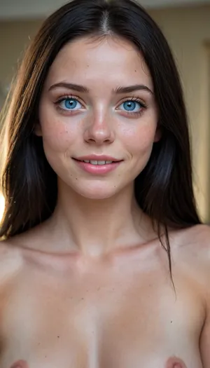 18 year old girl, babe face, black hair, freckles, smile, best quality, photorealism, masterpiece, ice blue eyes, straight hair, fully nude, looking over ahoulder