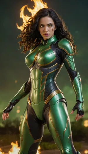 head to toe image of an android girl red and green metallic full body armor with very extremly long curly black and gold hair waving in the wind, 1 hand raised and lightning from that hand going up, seen from the 3/4 side, luminescent bright yellow eyes, (((bright Green fire and flames background))), (((at night))), <lora:220437_training_data:.5>, <lora:Venus_Body_Alpha:.5>