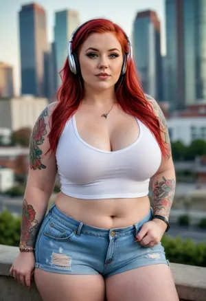 Portrait photo of 30 years old woman, hyper fat bbw midget model, with hyper thick thighs and hyper large fat round ass, tummy, floppy breast. High detail and realistic eyes. Many floral tattoos. Red hair. Big earrings, necklace, jewellery., (White Crop top), (Mini Extreme Thigh Rip Denim Short), (beats headphone), View from side, dynamic angle. Windy, windy hair. Walking modern sity, skylines. Sunrise. Best quality photo, 8k photo, high detail, high resolution photo.
