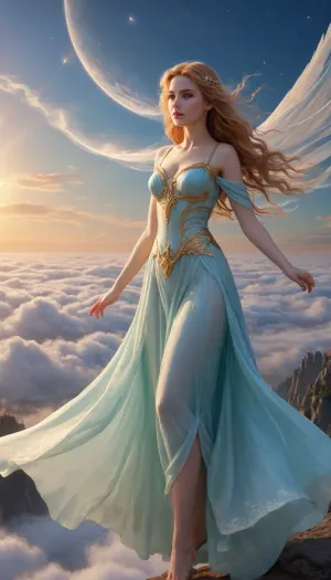 (FANTASIES ABOVE THE CLOUDS), In the realm where the sky kisses the earth, there dwells a girl whose presence is as ethereal as the wispy clouds that cradle her. Her name is Elara, and she is the embodiment of celestial beauty and grace.

Elara possesses delicate facial features that seem sculpted by the gentle touch of a celestial artist. Her almond-shaped eyes, the color of sapphire skies at dawn, reflect the vastness of the heavens above. Long lashes flutter like feathers as she gazes upon the endless expanse of airy castles that float majestically amidst the clouds.

Her hair, a cascade of silken strands the color of sunlit gold, flows freely in the breeze that whispers through the floating citadels. Each strand dances like gossamer threads spun by the wind itself, adding to her enchanting allure. Adorned in a gown of shimmering azure, woven with threads that shimmer like stars, Elara moves with a grace that echoes the dance of celestial bodies in the night sky.

As she navigates this fantastical realm, Elara's every movement seems to be a choreographed symphony of elegance and wonder. Her footsteps leave faint imprints on clouds as soft as pillows, each step a testament to her ethereal presence. The golden rays of the sun caress her skin, casting a radiant glow that illuminates her path through the lofty heights.

In her hand, she carries a diaphanous veil that billows like a gentle breeze, trailing behind her like the tail of a comet. With a serene smile that radiates warmth and tranquility, Elara embodies the essence of celestial beauty—a beacon of grace amidst the boundless skies.

Capturing Elara amidst this celestial vision would indeed be to capture the essence of enchantment and grandeur. She is not merely a girl of earthly beauty but a muse whose presence elevates the imagination to realms where dreams take flight and reality merges with fantasy.