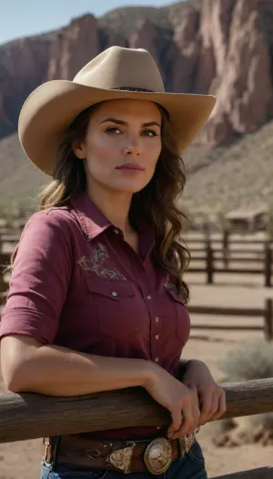 RAW, award-winning large format photography of mid 30's cowgirl, portrait, wearing a cowboy hat, detailed gorgeous face, towering rock cliffs, desert landscape, old weathered wooden ranch fence corral, UHD, 8k, masterpiece, sharp focus, studio photo, insanely detailed and intricate