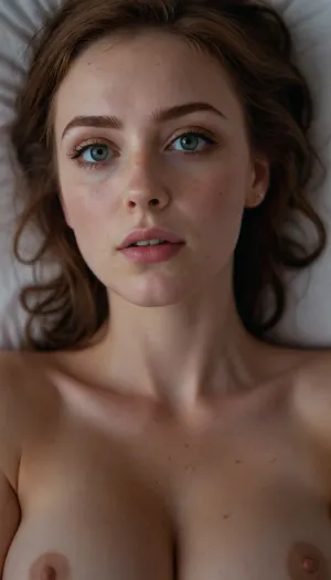 18 Year old woman, (Irish, pale skin, freckles, freckles on face), (photorealistic, photo realistic, photorealism, photo realism), (hyper realistic), hyperrealism, (ultra realistic), (8k resolution), (ultra-detailed, insane detail), (professional photography), (masterpiece, best quality, ultra quality, highest quality), (perfect lighting, perfect illumination, ring lighting), (same color eyes, symmetric eyes, matching eyes, detailed eyes, detailed iris, detailed pupils, limbal ring around iris, perfectly round iris), (detailed skin, high detailed skin, intricately detailed skin, perfectly detailed skin, high quality skin, highest quality skin, exquisitely textured skin), (intricate clothing, detailed clothing), (microblade eyebrows), (long eyelashes with mascara), (overfilled lips, juicy lips, filled lips, puffy lips, glossy lips, her thick wet lips are slightly parted, nervously biting lower lip, lip bite, lip biting), (flushed cheeks, flushed neck, blushing cheeks, blushing neck), (casual makeup, subtle makeup, natural makeup), (narrow jaw, delicate jawline, pointed jaw and chin, heart shaped face, pixie face, fairy face, fae features, extremely feminine face, round face, chin, mouth, high cheekbones, sharp cheekbones, faint vellus hairs), (upturned button nose, upturned nose, delicate nose, nose), (hair, pixie cut hair, pixie hair, loose hair framing her face, messy hair, tousled hair, bed hair, sex hair, dark ginger hair with dark roots), (eyes slightly crossed, big eyes, wide eyes, doe eyes, slightly wide set eyes), (pale grey eyes, pale green eyes, striking eyes, captivating eyes, mesmerizing eyes, fae eyes), (huge breasts, large breasts, large natural breasts), (laying on back, laying down, lying on her back so her big soft tits ride up towards her face), (athletic body, sporty body, lean body), (close up portrait of face, tight closeup of face, closely zoomed in on face, tight in on face, extreme closeup), (looking straight into the camera, looking straight ahead, head slightly raised, gazing lovingly straight into the camera, looking down on her from above), (she's in love, adoring gaze), (no nudes, nonnude), (relaxed posture, casual pose), (loving expressing, adoring expression, joyous, joyful, pleased), (girlfriend, girlfriend material, girlfriend experience), <lora:FLUX_winks_and_biting_v2:.5>