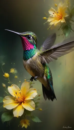 (Double exposure effect:1.4), of, (hummingbird:1.2), superimposed against swirling flower petals, style of Kim Keever, (glittering yellow and green colors), negative space, Colorsplash, <lora:SDXLPaintSplash:.5>