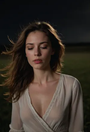 photograph of a 29 year old sensual woman head turned to the side and slightly tilted up with her eyes closed, long brunette hair blowing in the wind, full lips, light makeup, wearing a loose low cut blouse, dark and moody, outside in an open field at night
