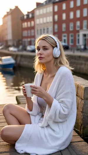 (((Full body view))), Front side view of a 30yo Scandinavian woman, a spring morning, morning warm sunrise light, she is sitting near a boardwalk by the harbor in a city canal, leaning against a low stony wall, 5 story old-city buildings in the background, a few cars passing by in the background, legs tugged and a blanket over the legs, holding a cup of coffee with both hands, gazing out over the harbor, wearing white headphones, a loose sweater with big neck revealing the top of her chest, blonde hair in a makeshift hold with a plastic barrette hair clip, morning messy hair, a bag beside her and a folded towel and a folded swimsuit, big nose in profile, full lips a bit apart, slightly chubby and tall, legs tugged