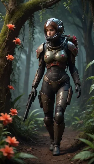 photorealistic image, 8K quality, Deathworld, Deadly Dark Jungle of Pyrrhus, ((many night glow carnivorous flowers, plants covered with poisonous thorns)), a young woman in an armored spacesuit, with a gun in her hand, walks along a path, a thornwing sits on a tree branch, full body in frame, side view