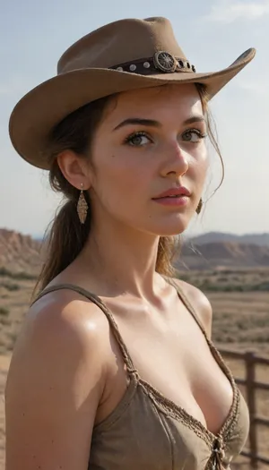 RAW, award-winning large format photography of mid 30's cowgirl, portrait, wearing a cowboy hat, detailed gorgeous face, towering rock cliffs, desert landscape, old weathered wooden ranch fence corral, UHD, 8k, masterpiece, sharp focus, studio photo, insanely detailed and intricate