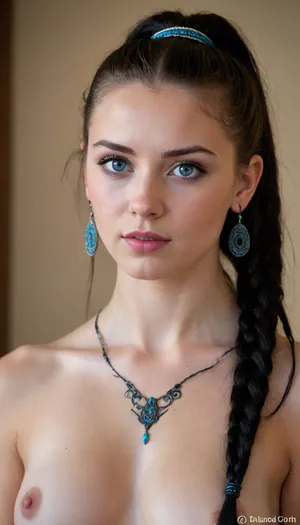 girl, 18 years, Celtic girl, white skin, blue eyes, long black rastafari hair, pony tail, no metal, eyes painted in black, tribal painting, naked, breasts, breast visible, earings, glossy lips