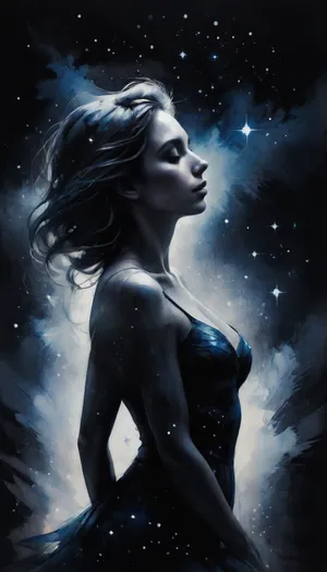 (Double exposure effect:1.4), of, (dreamy woman:1.2), (silhouette:1.1), superimposed against starry night, (deep blues and silver stars), high contrast, negative space, photoillustration, dreamlike
rule of thirds
by Dan Mountford, by Dan Hillier, Colorsplash, <lora:SDXLPaintSplash:1>