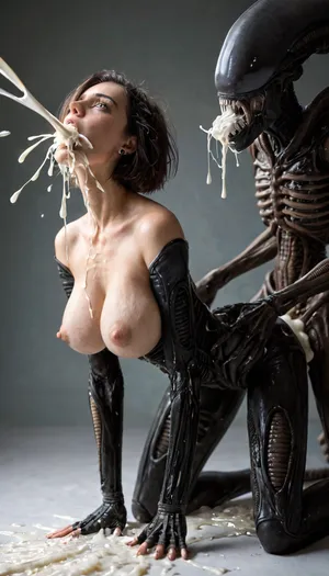 (realistic:1.5), (beautiful sexy woman with alot of excessive cum flowing out of mouth:1.3), on all fours, (violently fucked from behind by a gigantic alien grabbing her hips:1.4), (detailed face and eyes:1), exposed breasts, slender body, black hairbob cut, (large natural breasts), puffy nipples, side view, Xenomorph, <lora:Xenomorph v2:.8>