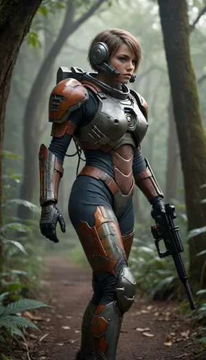 photorealistic image, 8K quality, Deathworld, Deadly Jungle of Pyrrhus, a young woman in an armored spacesuit, with a gun in her hand, walks along a path, a thornwing sits on a tree branch, full body in frame, side view