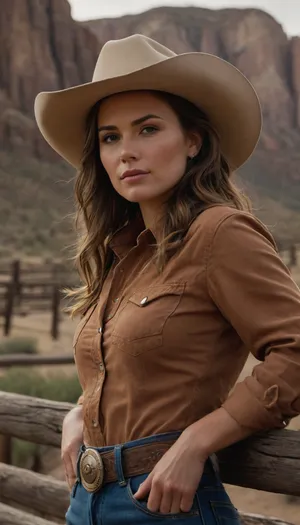 RAW, award-winning large format photography of mid 30's cowgirl, portrait, wearing a cowboy hat, detailed gorgeous face, towering rock cliffs, desert landscape, old weathered wooden ranch fence corral, UHD, 8k, masterpiece, sharp focus, studio photo, insanely detailed and intricate