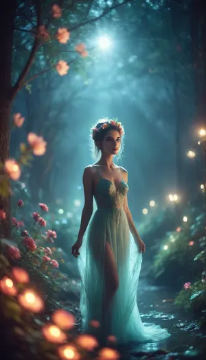 (8k analog photo, faerie landscape:1.2), a, (faerie strange:1.1), forest at night with, (glowing:1.1), flowers, river, vibrant colors, <lora:M05_Intensify:1>