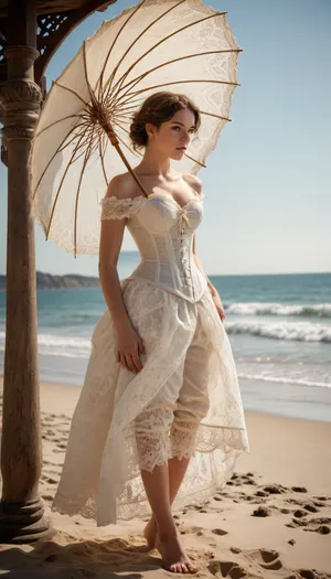 photorealistic image, 8K quality, A 19th century young lady under a lace parasol, in lace knee-length pantaloness and a corset unboned to the waist, sunny day, beach, seashore, full body in frame